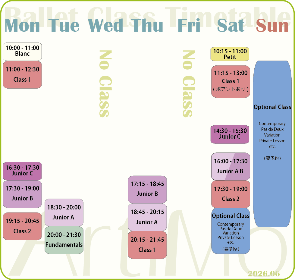 ArtiMo Ballet Class Timetable 2026.06